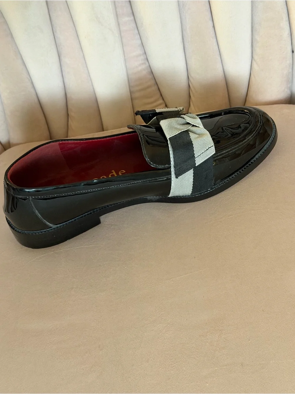 kate spade Leandra Black Patent Leather Loafers w/ Gray & Black Bow RETAIL $198